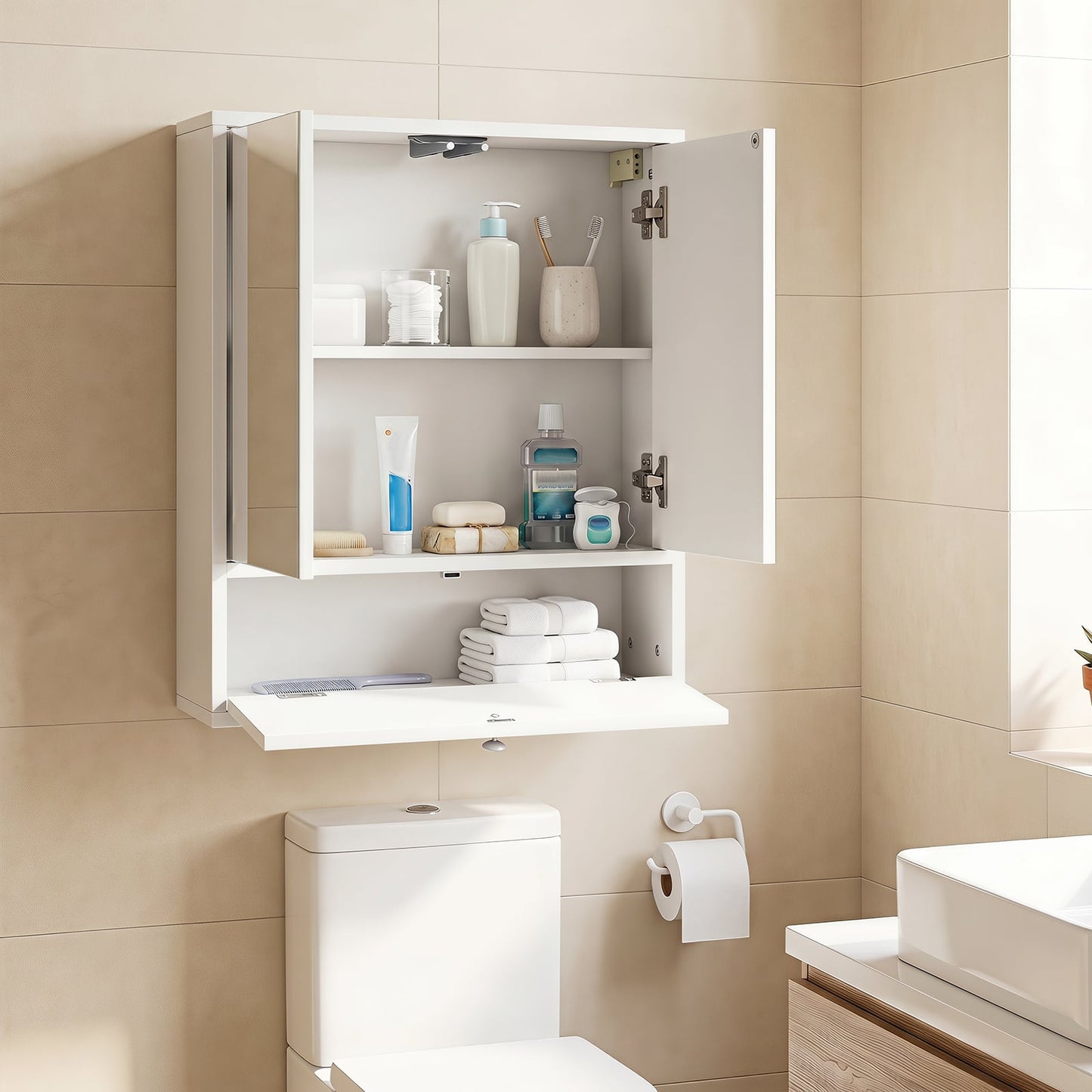 Bathroom Wall Cabinet with 2 Mirrored Doors & Flip-Down Door for Storage-White