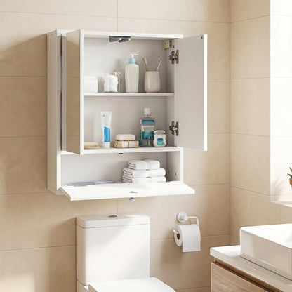 Bathroom Wall Cabinet with 2 Mirrored Doors & Flip-Down Door for Storage-White