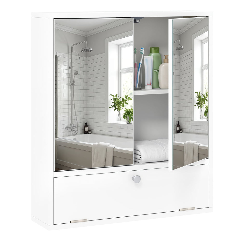 Bathroom Wall Cabinet with 2 Mirrored Doors & Flip-Down Door for Storage-White