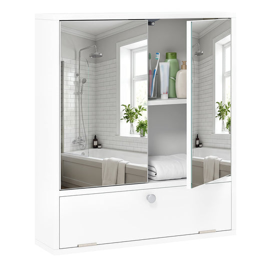 Bathroom Wall Cabinet with 2 Mirrored Doors & Flip-Down Door for Storage-White
