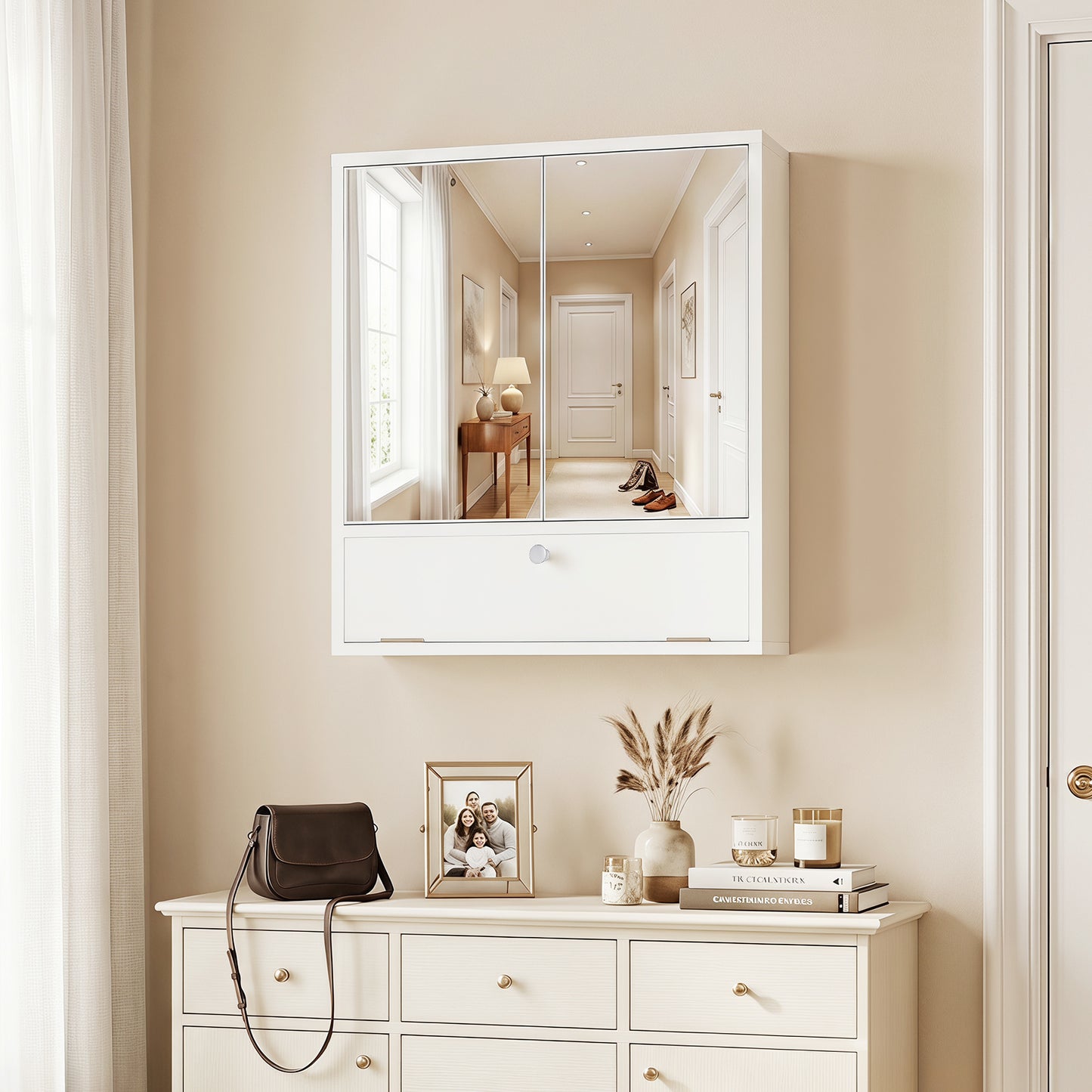 Bathroom Wall Cabinet with 2 Mirrored Doors & Flip-Down Door for Storage-White