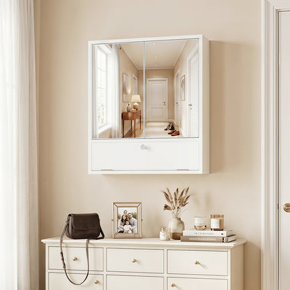 Bathroom Wall Cabinet with 2 Mirrored Doors & Flip-Down Door for Storage-White