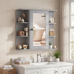 Bathroom Wall Cabinet with Mirror 3 Internal Shelves-Grey