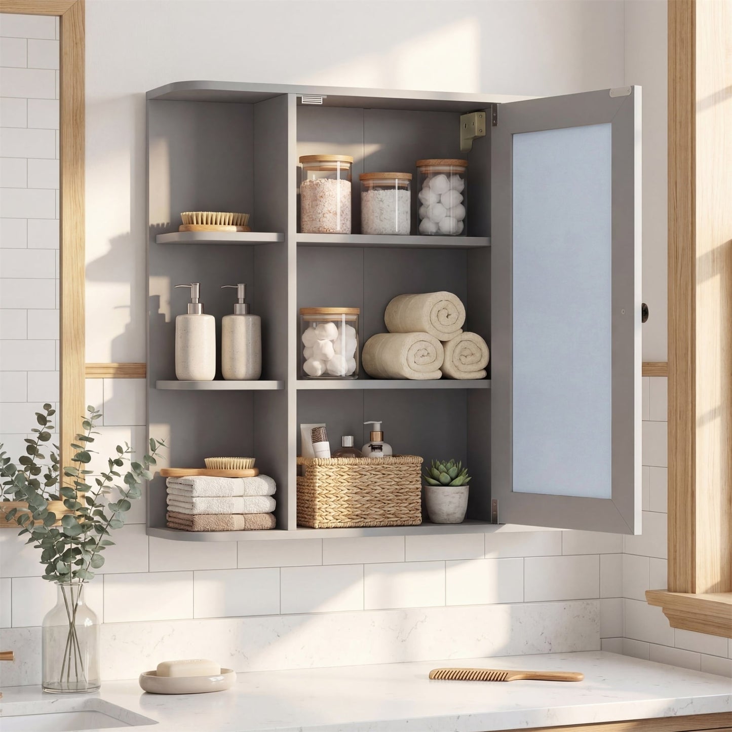 Bathroom Wall Cabinet with Mirror 3 Internal Shelves-Grey