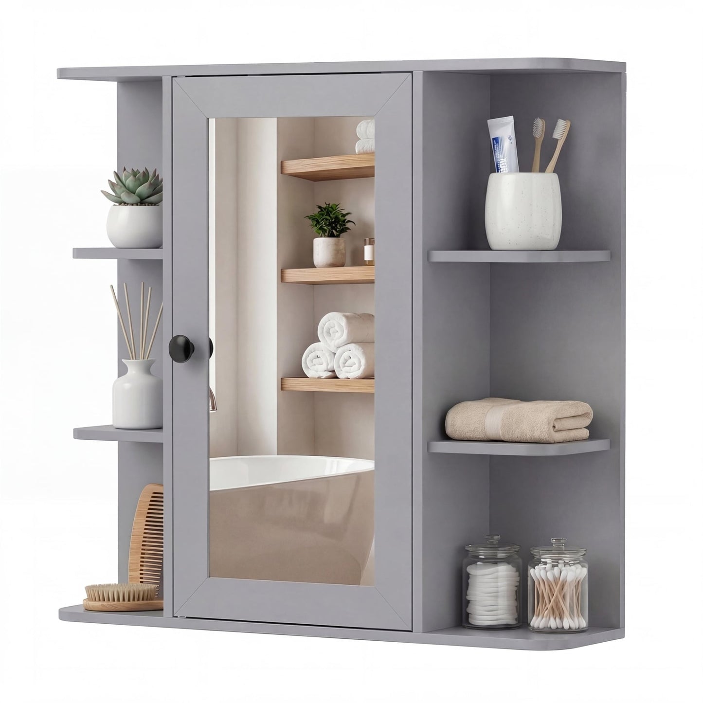 Bathroom Wall Cabinet with Mirror 3 Internal Shelves-Grey