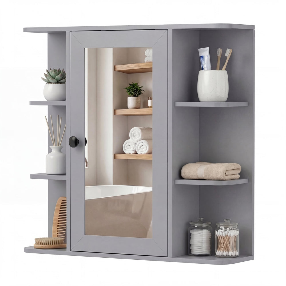 Bathroom Wall Cabinet with Mirror 3 Internal Shelves-Grey