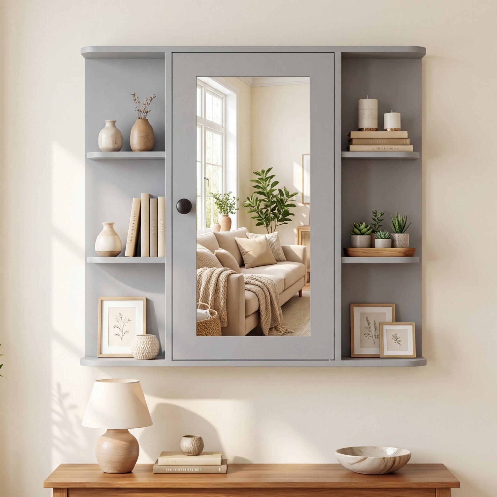Bathroom Wall Cabinet with Mirror 3 Internal Shelves-Grey