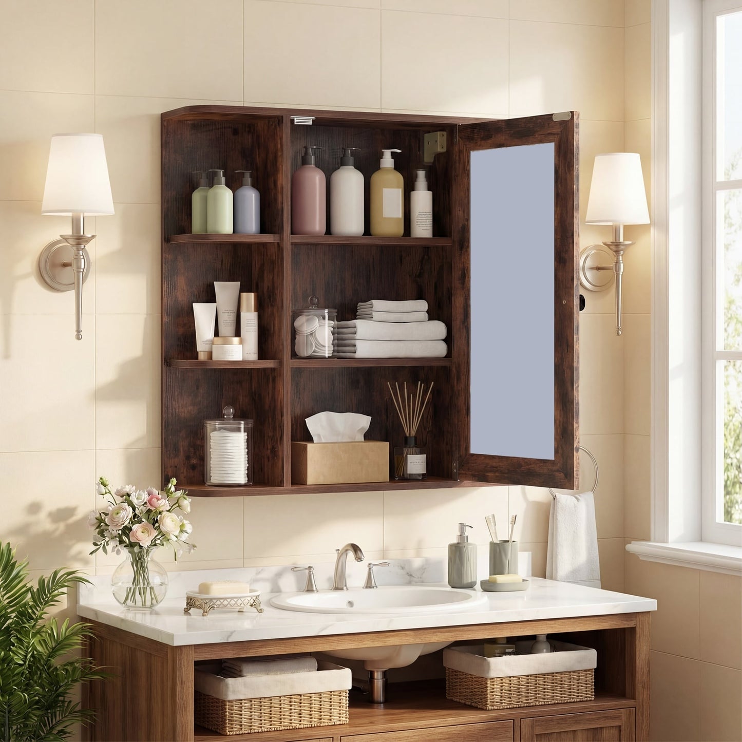 Bathroom Wall Cabinet with Mirror 3 Internal Shelves-Rustic Brown