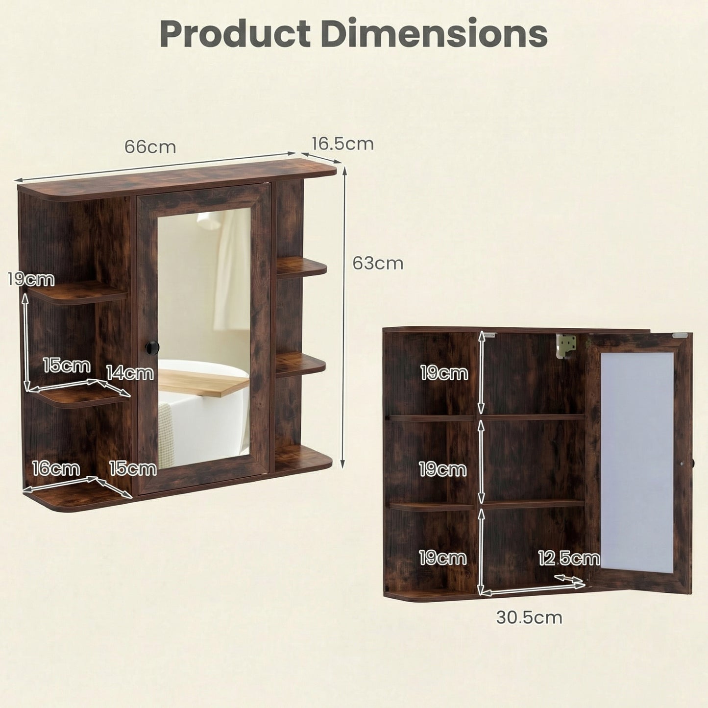Bathroom Wall Cabinet with Mirror 3 Internal Shelves-Rustic Brown