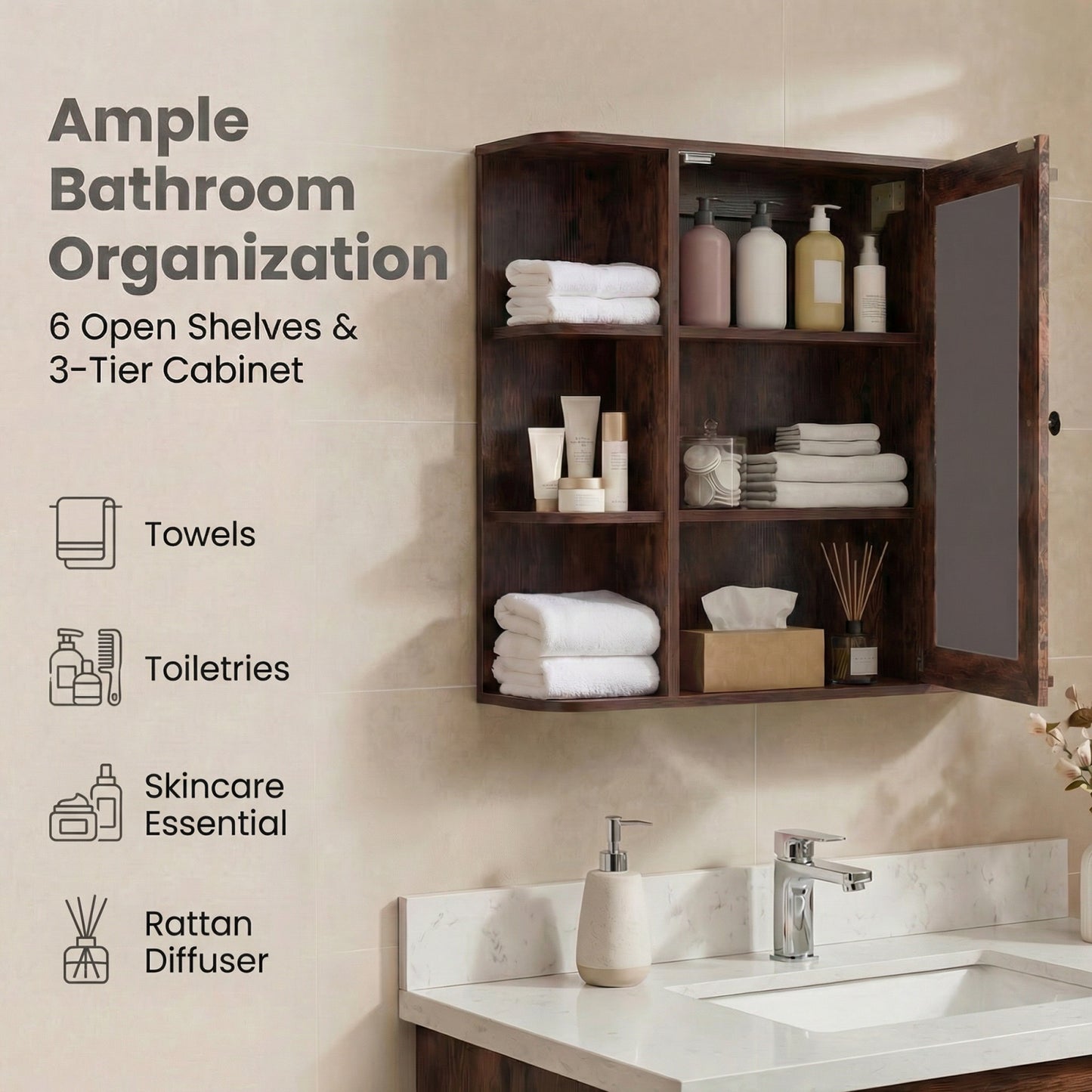 Bathroom Wall Cabinet with Mirror 3 Internal Shelves-Rustic Brown