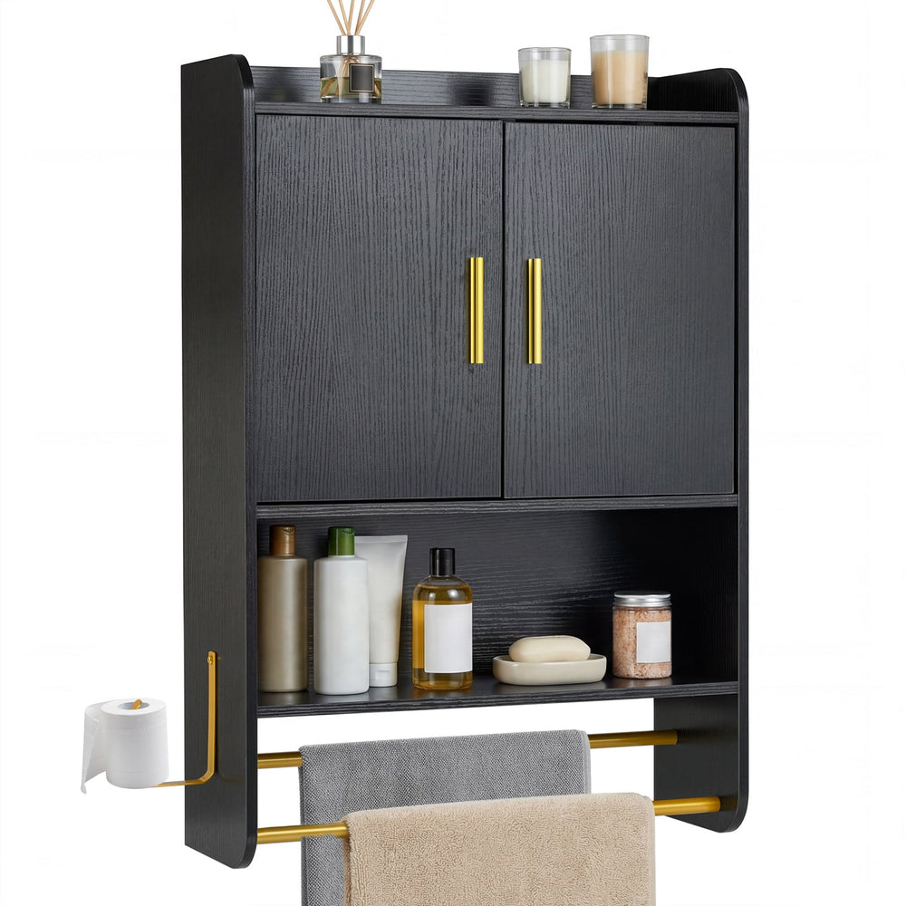 Bathroom Wall Cabinet with Open Shelves and Adjustable Shelf-Black