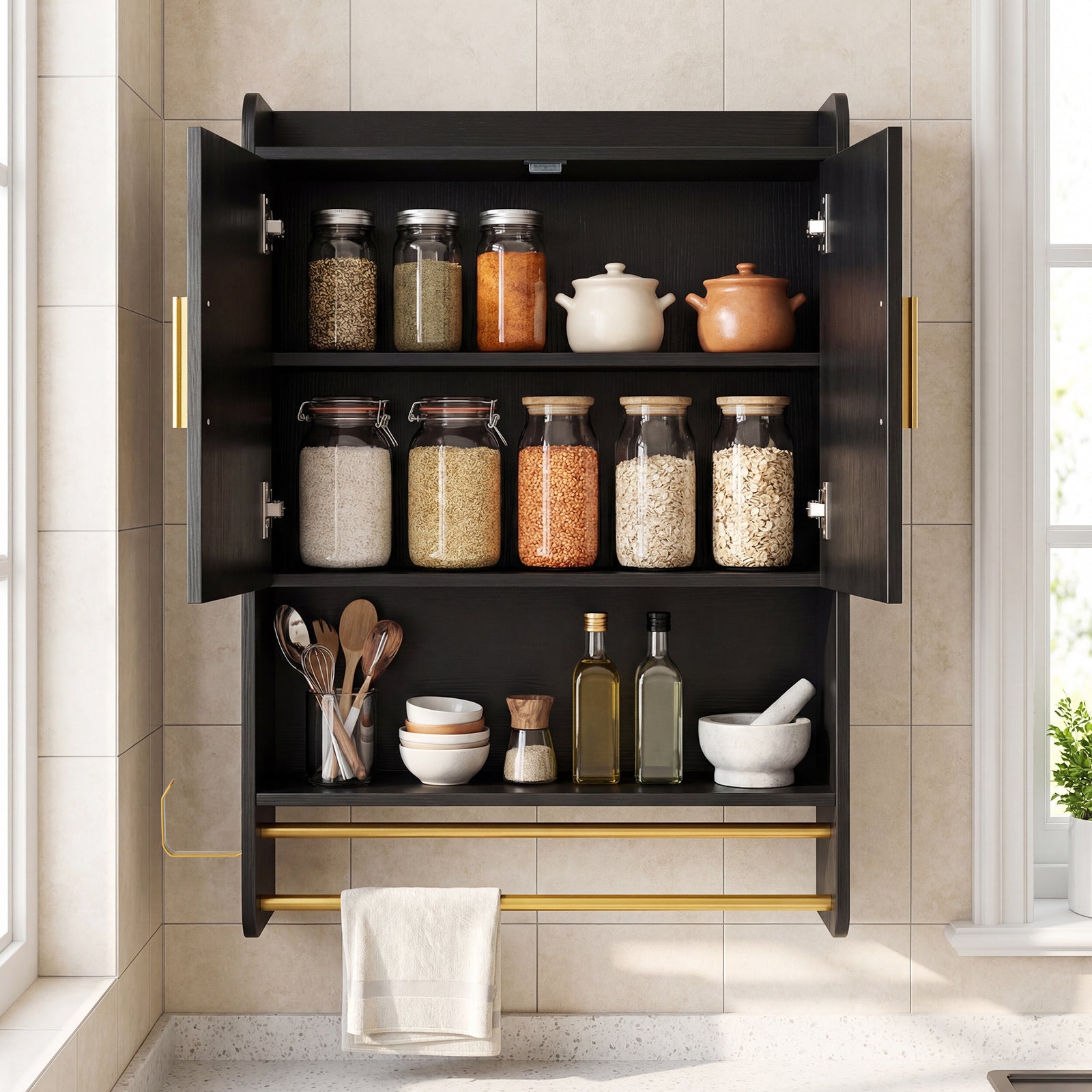 Bathroom Wall Cabinet with Open Shelves and Adjustable Shelf-Black