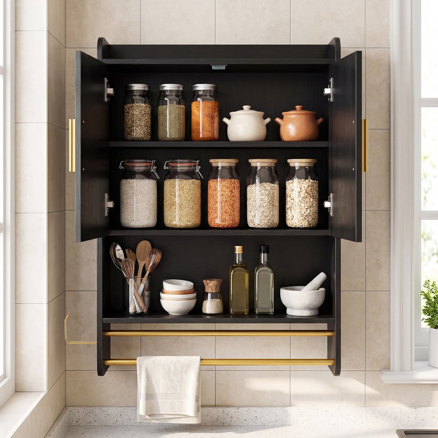 Bathroom Wall Cabinet with Open Shelves and Adjustable Shelf-Black