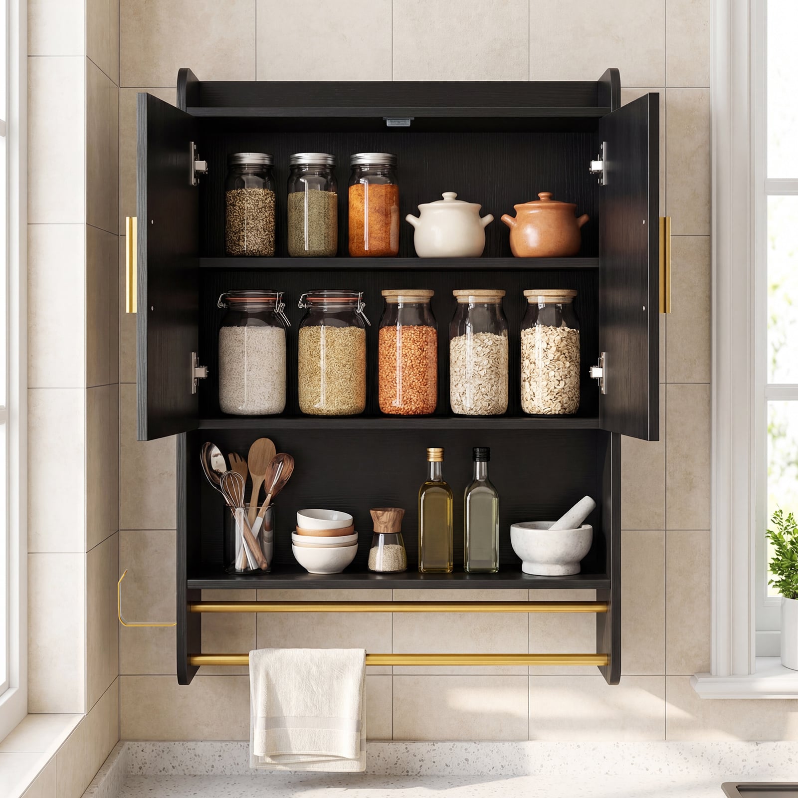 Bathroom Wall Cabinet with Open Shelves and Adjustable Shelf-Black