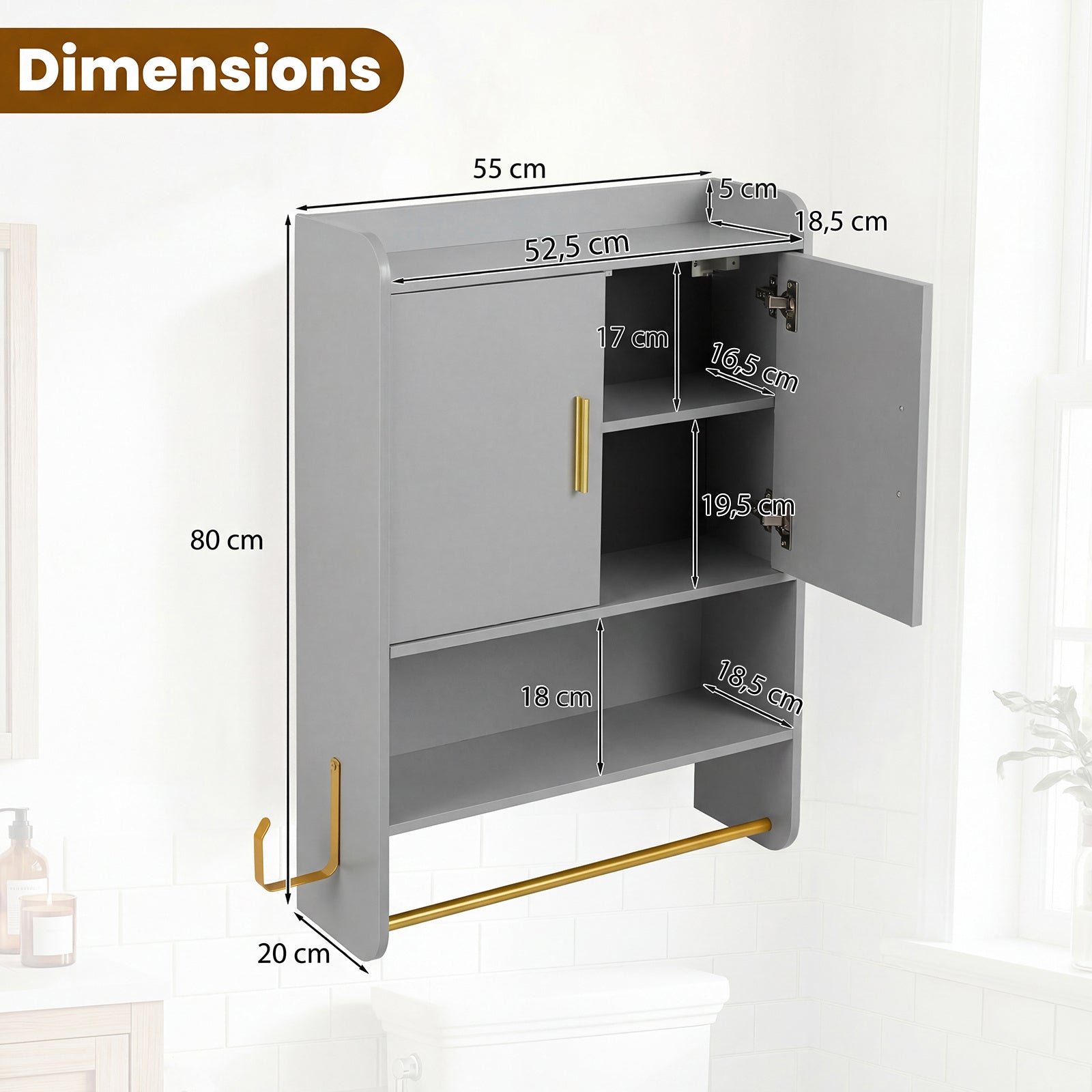 Bathroom Wall Cabinet with Open Shelves and Adjustable Shelf-Grey