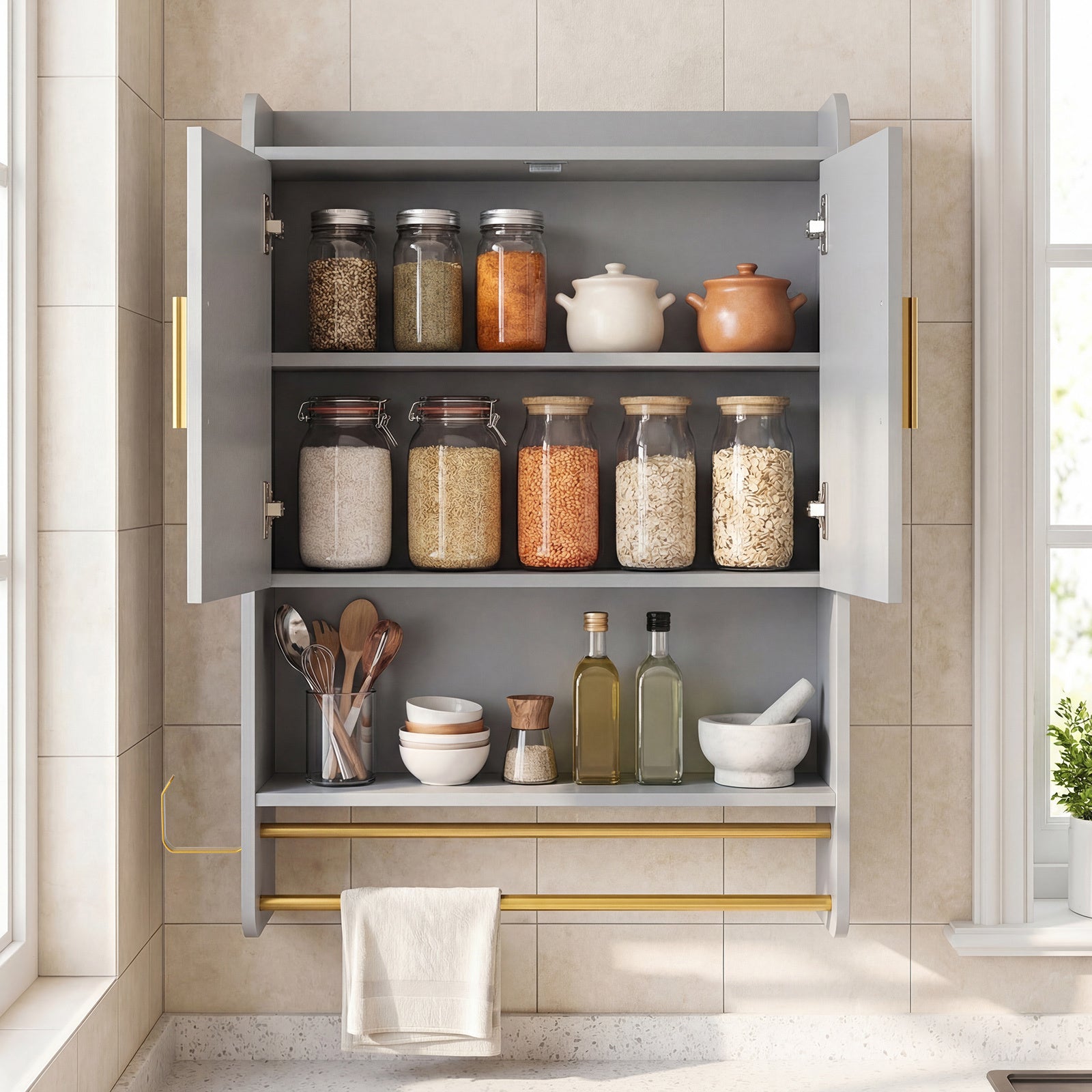 Bathroom Wall Cabinet with Open Shelves and Adjustable Shelf-Grey