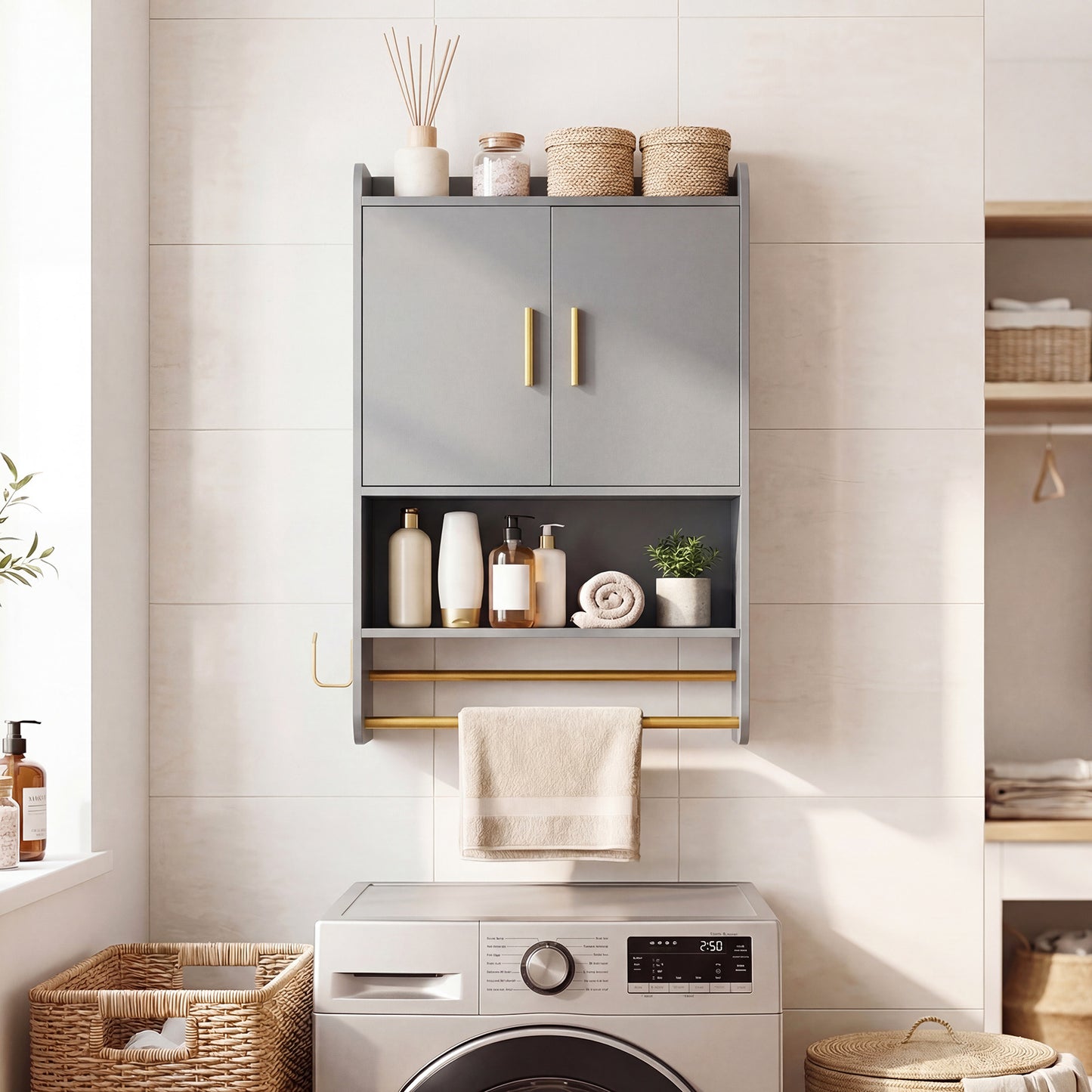 Bathroom Wall Cabinet with Open Shelves and Adjustable Shelf-Grey