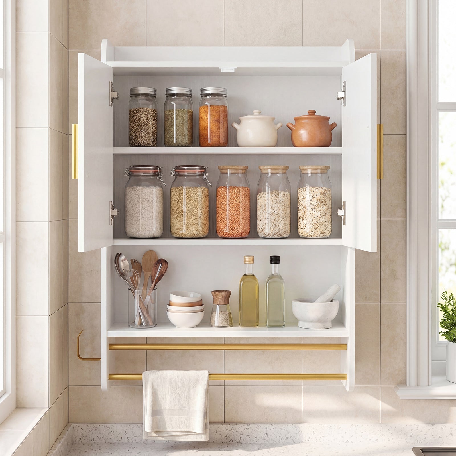 Bathroom Wall Cabinet with Open Shelves and Adjustable Shelf-White