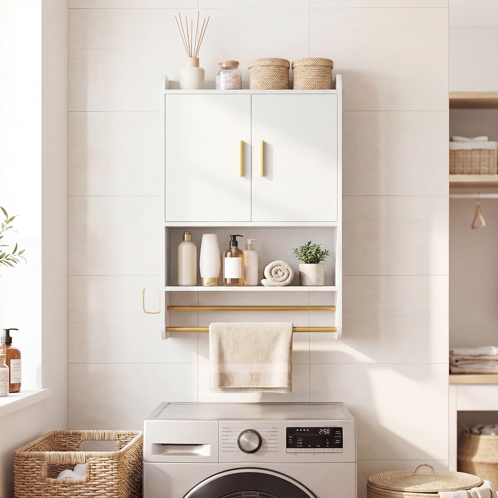 Bathroom Wall Cabinet with Open Shelves and Adjustable Shelf-White