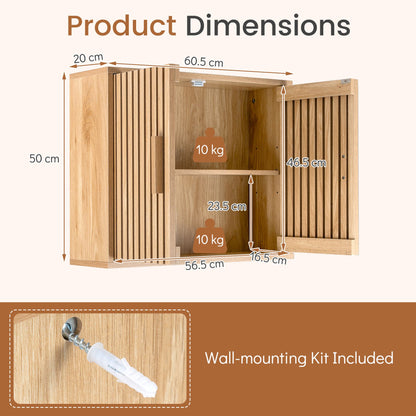 Bathroom Wall Cabinet with Slatted Doors and Adjustable Shelves-Natural