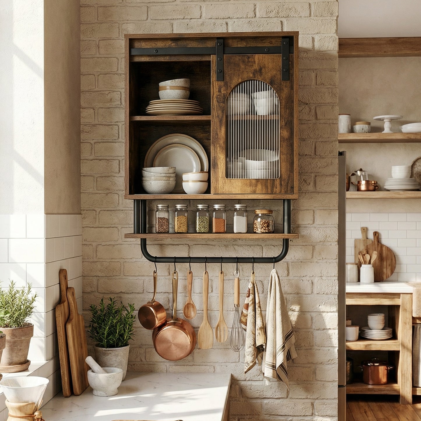 Bathroom Wall Cabinet with Sliding Barn Door and Metal Hanging Bar-Rustic Brown