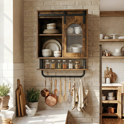 Bathroom Wall Cabinet with Sliding Barn Door and Metal Hanging Bar-Rustic Brown