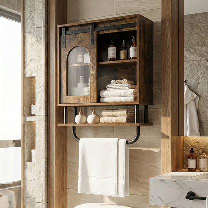 Bathroom Wall Cabinet with Sliding Barn Door and Metal Hanging Bar-Rustic Brown