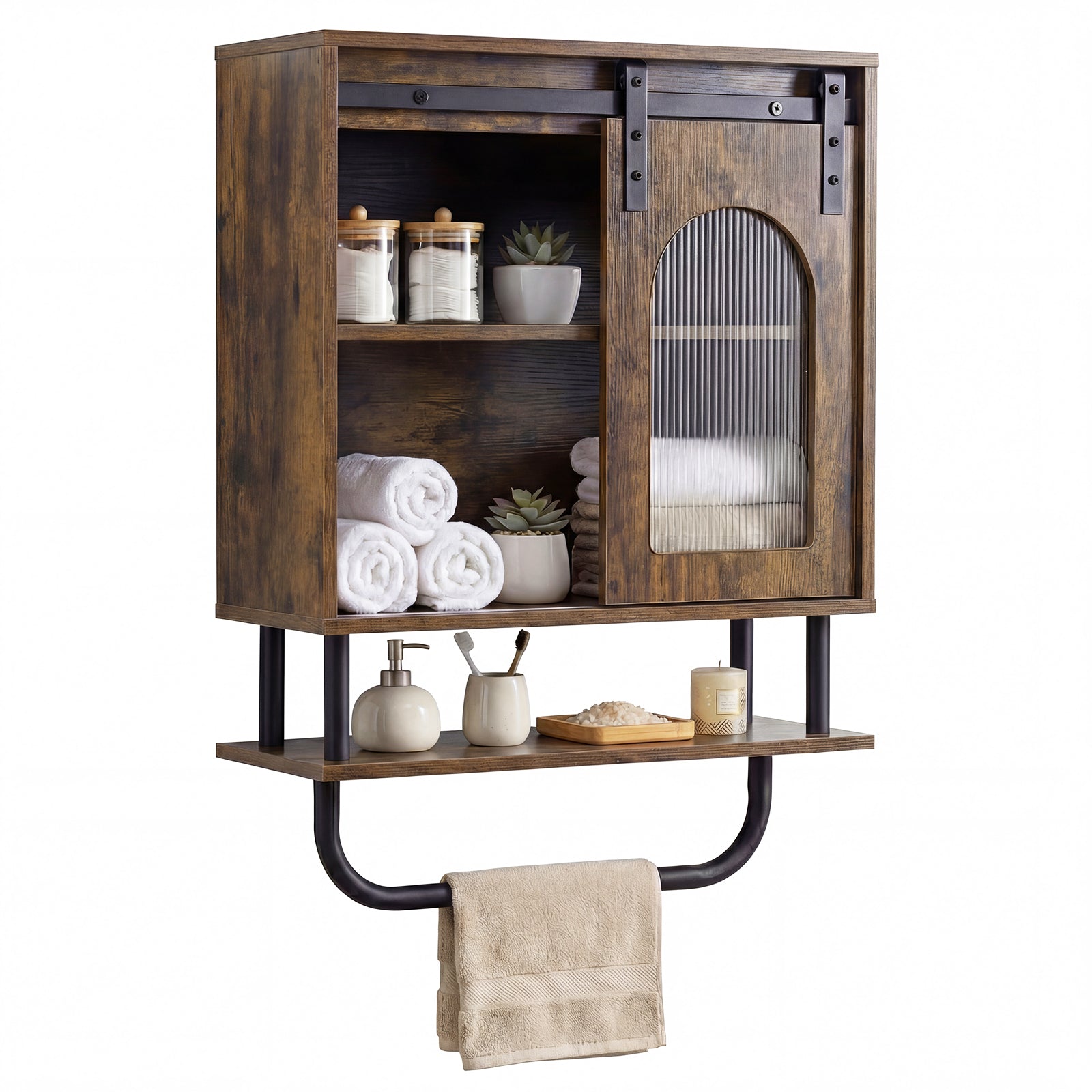 Bathroom Wall Cabinet with Sliding Barn Door and Metal Hanging Bar-Rustic Brown