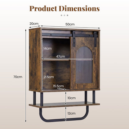 Bathroom Wall Cabinet with Sliding Barn Door and Metal Hanging Bar-Rustic Brown