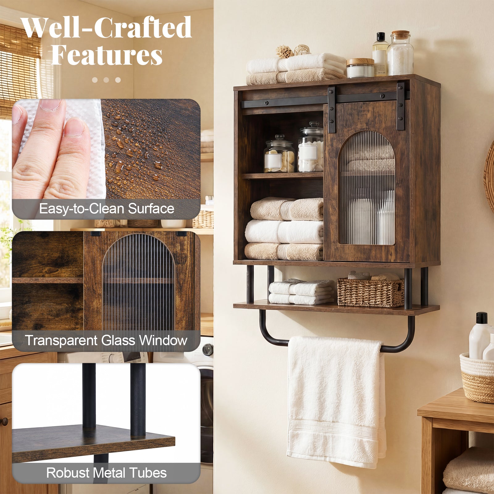 Bathroom Wall Cabinet with Sliding Barn Door and Metal Hanging Bar-Rustic Brown