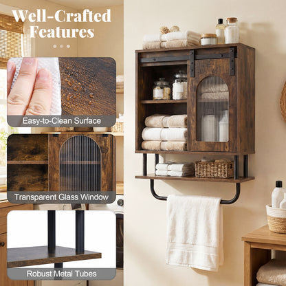 Bathroom Wall Cabinet with Sliding Barn Door and Metal Hanging Bar-Rustic Brown