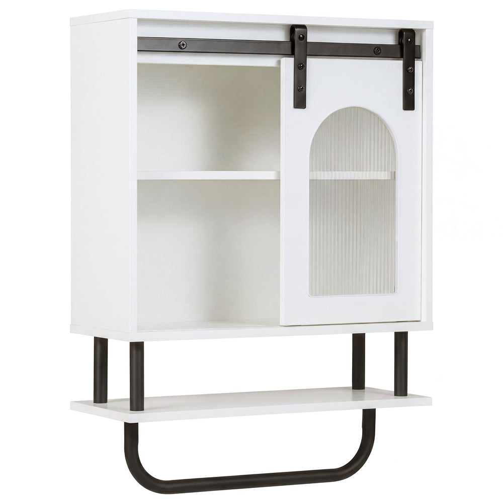 Bathroom Wall Cabinet with Sliding Barn Door and Metal Hanging Bar-White