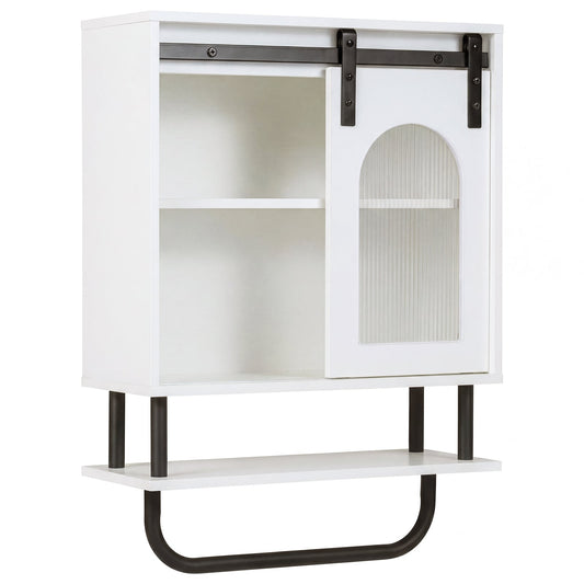 Bathroom Wall Cabinet with Sliding Barn Door and Metal Hanging Bar-White