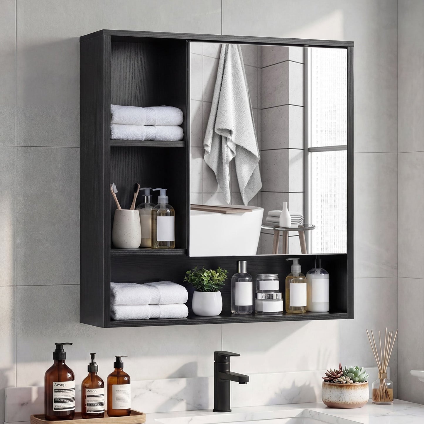 Bathroom Wall Mirror Cabinet with Single Door and 3 Open Shelves-Black
