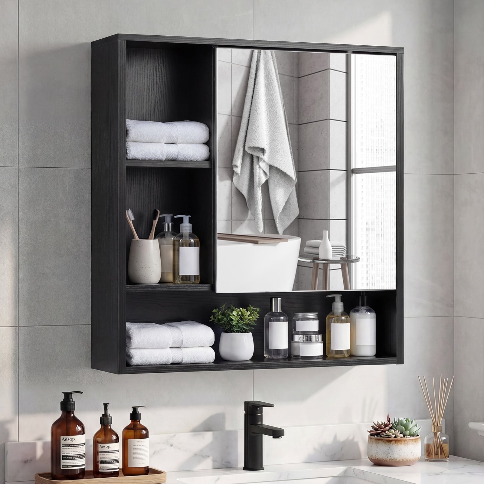 Bathroom Wall Mirror Cabinet with Single Door and 3 Open Shelves-Black