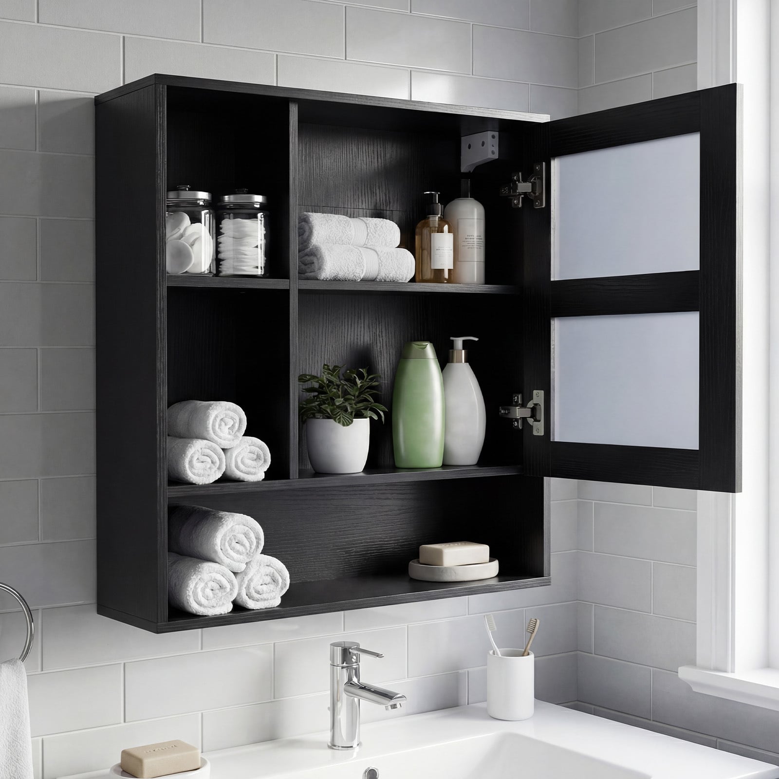 Bathroom Wall Mirror Cabinet with Single Door and 3 Open Shelves-Black