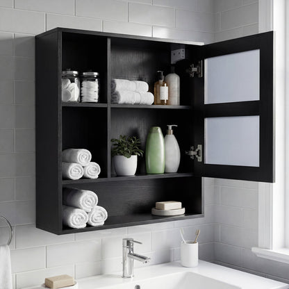 Bathroom Wall Mirror Cabinet with Single Door and 3 Open Shelves-Black