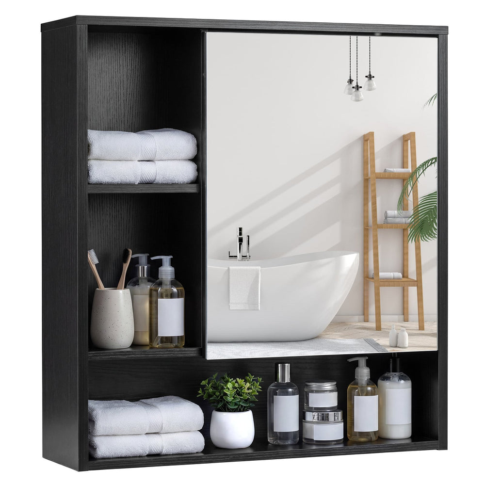 Bathroom Wall Mirror Cabinet with Single Door and 3 Open Shelves-Black