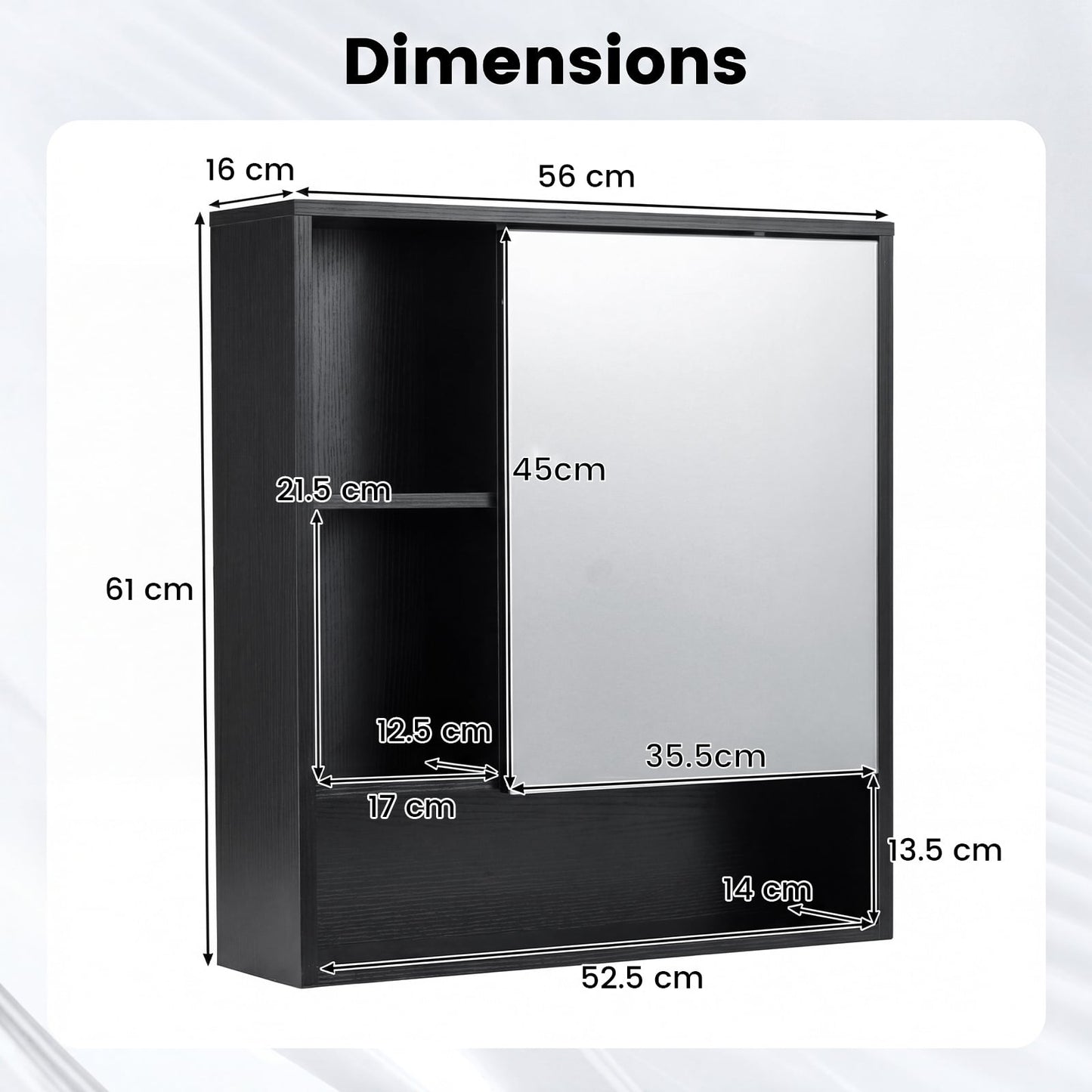 Bathroom Wall Mirror Cabinet with Single Door and 3 Open Shelves-Black
