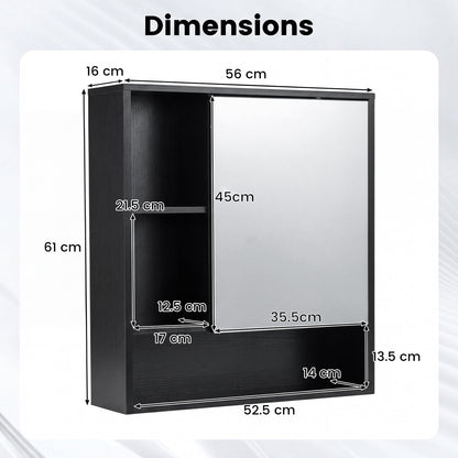 Bathroom Wall Mirror Cabinet with Single Door and 3 Open Shelves-Black