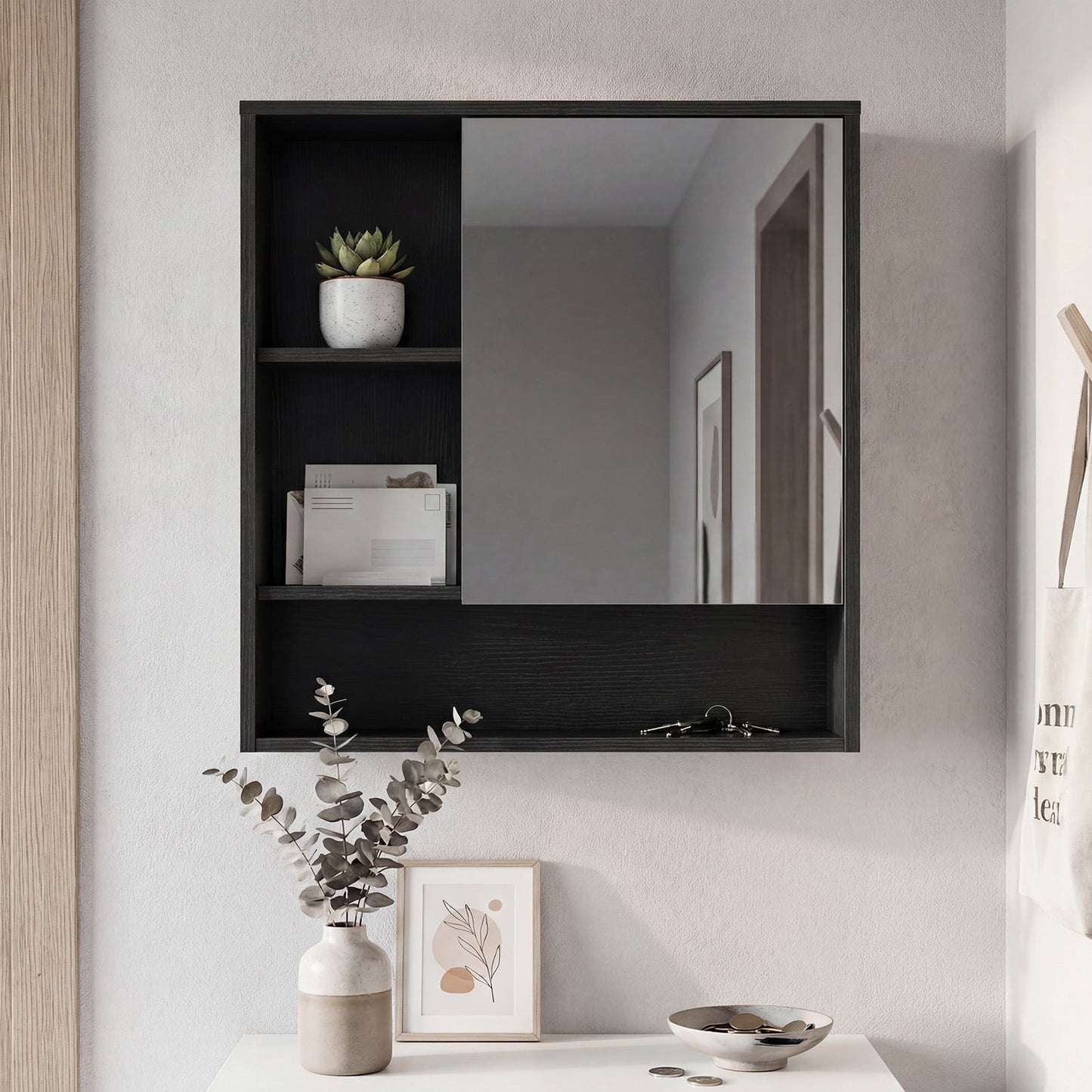 Bathroom Wall Mirror Cabinet with Single Door and 3 Open Shelves-Black