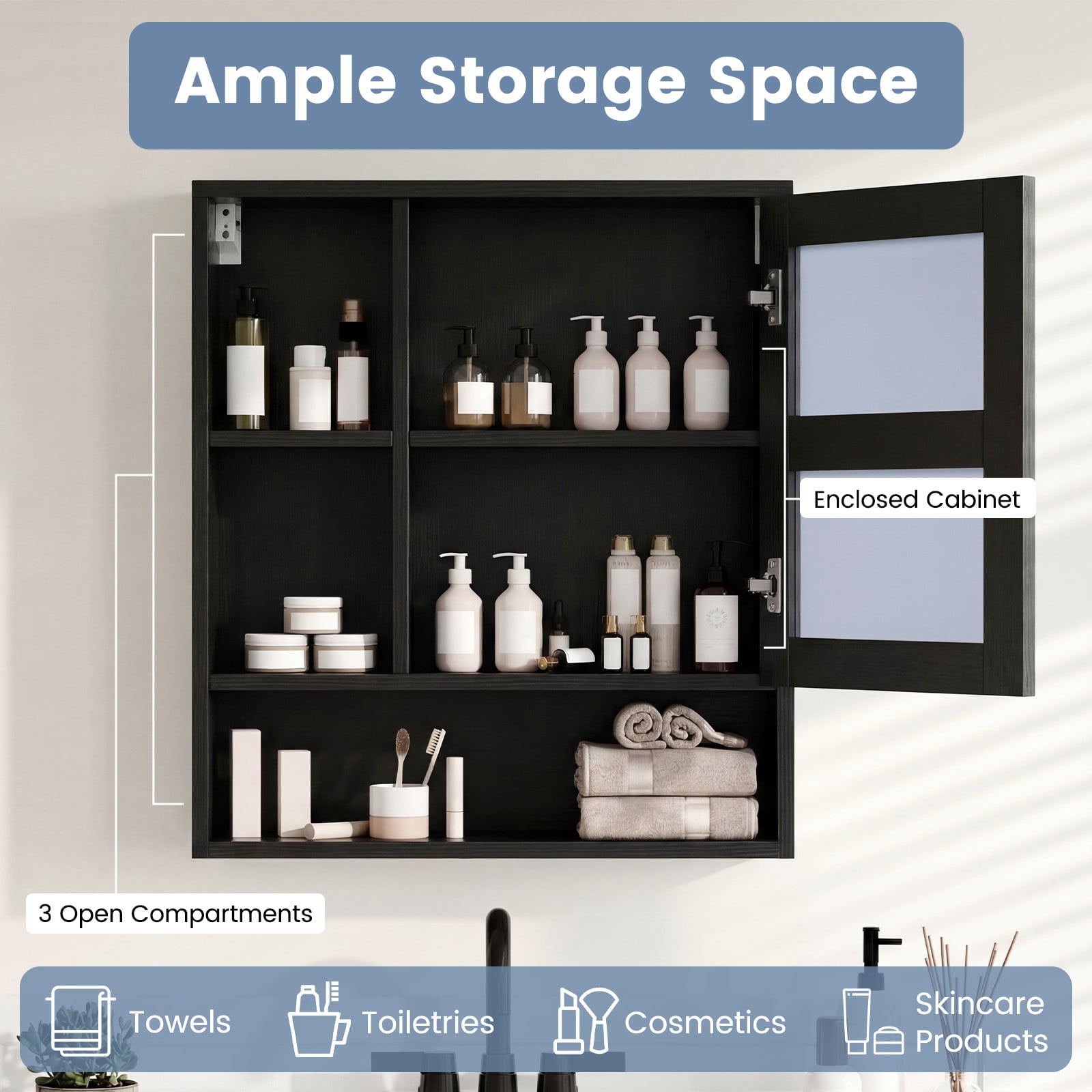Bathroom Wall Mirror Cabinet with Single Door and 3 Open Shelves-Black