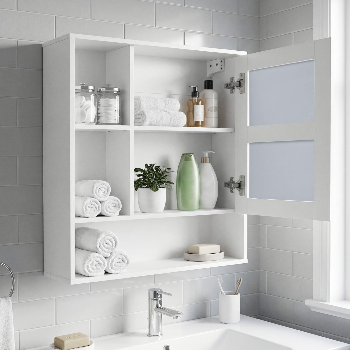 Bathroom Wall Mirror Cabinet with Single Door and 3 Open Shelves-White