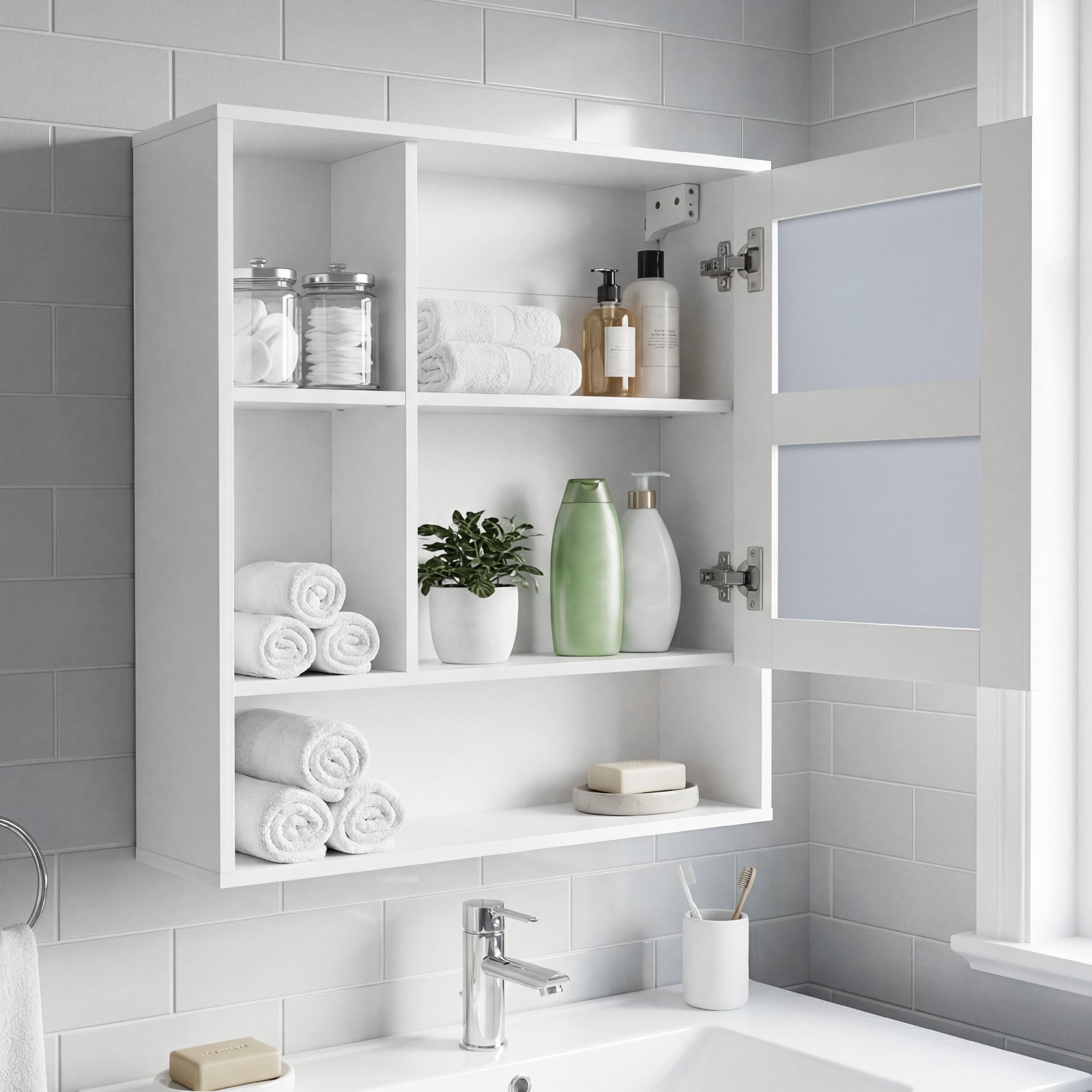 Bathroom Wall Mirror Cabinet with Single Door and 3 Open Shelves-White