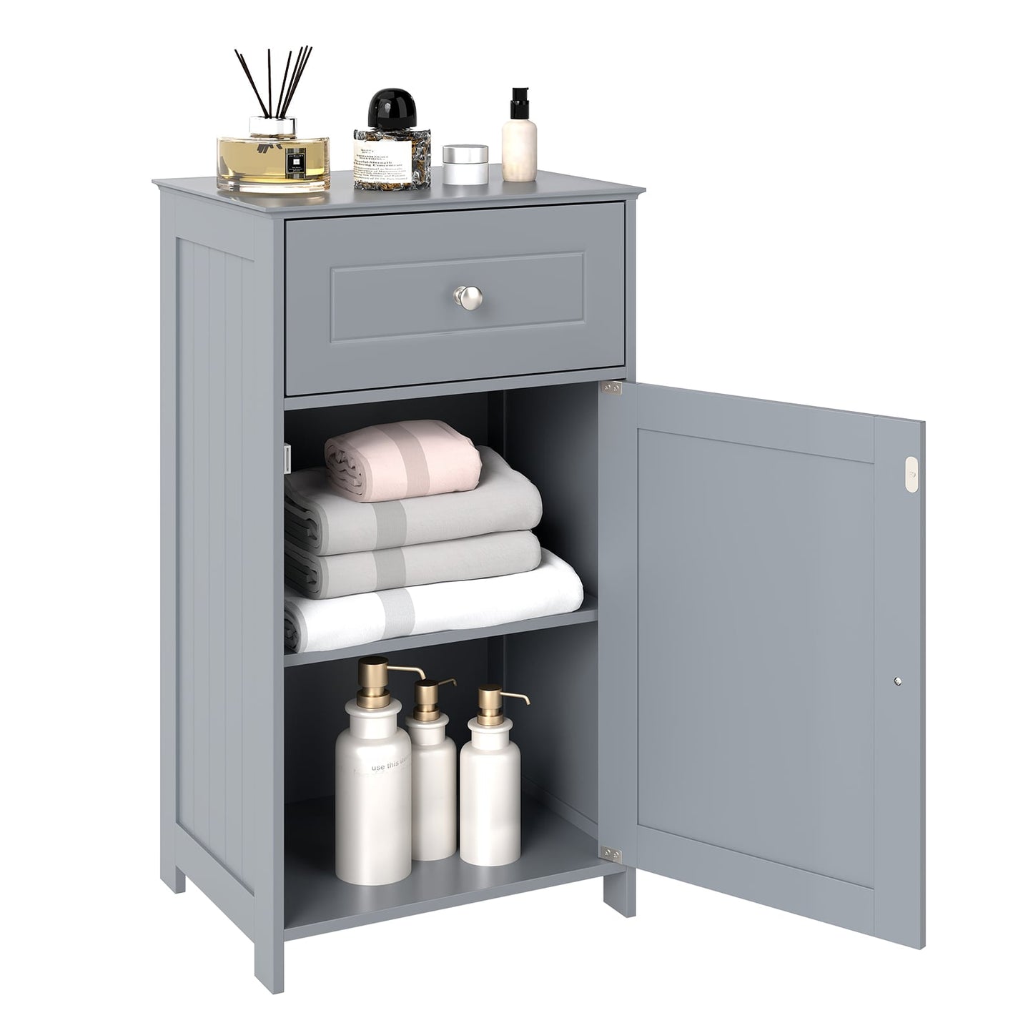Bathroom Cabinet Floor Organizer with Single Door and Drawer-Grey
