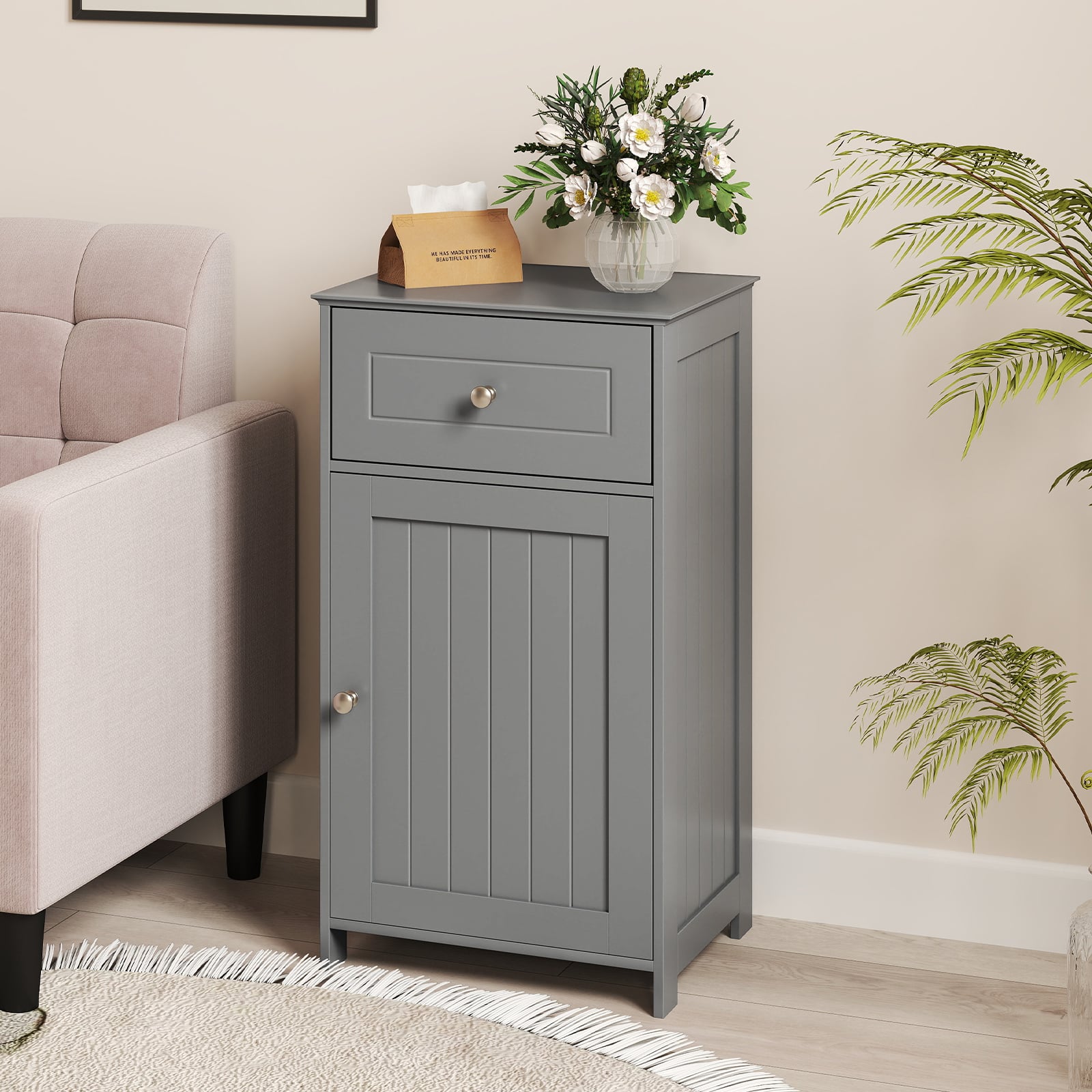 Bathroom Cabinet Floor Organizer with Single Door and Drawer-Grey