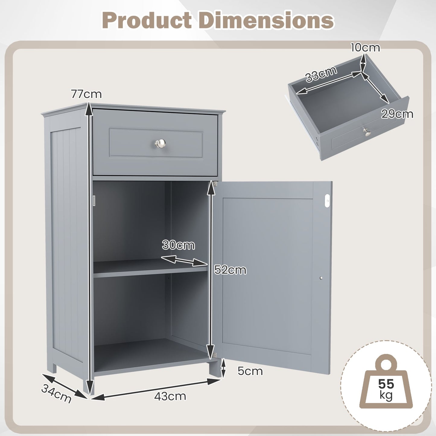 Bathroom Cabinet Floor Organizer with Single Door and Drawer-Grey