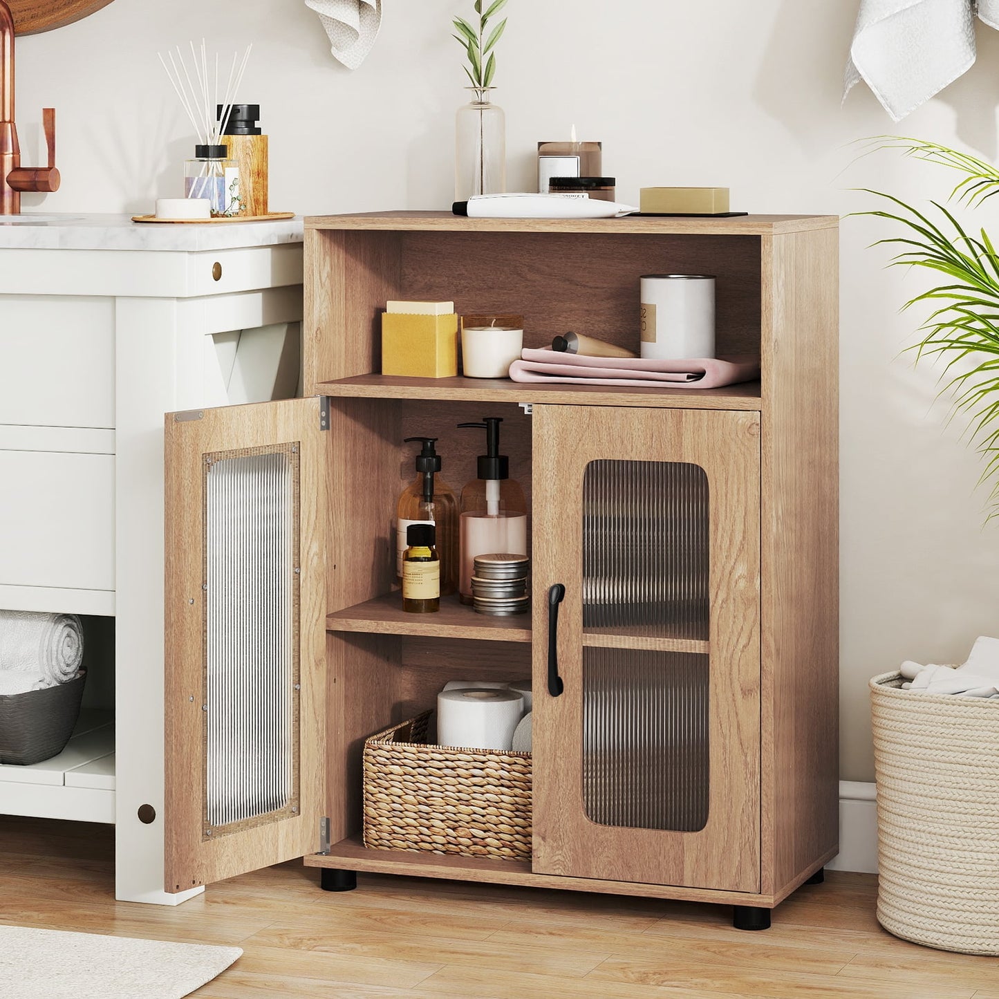 Bathroom Cabinet Freestanding Cabinet with 2 Doors and 3-Level Adjustable Shelf-Natural