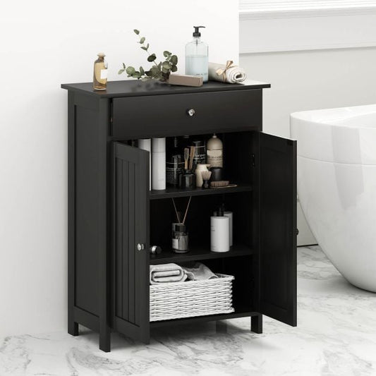 Bathroom Floor Cabinet Freestanding Storage Organizer with 2 Doors-Black