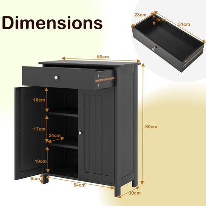 Bathroom Floor Cabinet 2-Door with Drawer and Adjustable Shelf-Black